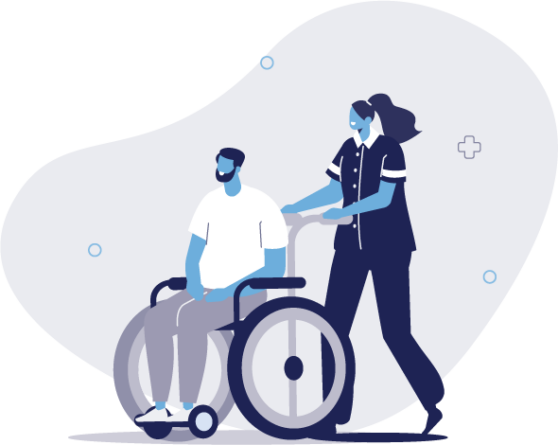 A doctor pushing a patient in a wheelchair.